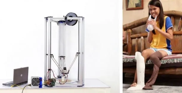 慶應大・FabLab Kannai とFabLab Boholの共創によって制作された、義足制作用デルタ型3Dプリンター（左図）と、その3Dプリンターで制作された義足を持ち笑顔のフィリピン人女性（右図）